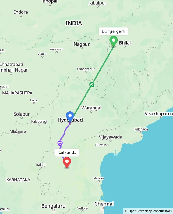 Route map showing distance and travel time from Dongargarh, India to Koilkuntla, India