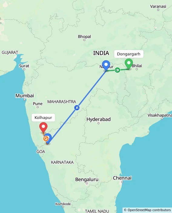 Route map showing distance and travel time from Dongargarh, India to Kolhapur, India
