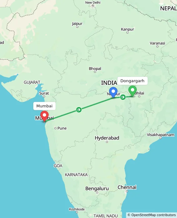 Route map showing distance and travel time from Dongargarh, India to Mumbai, India