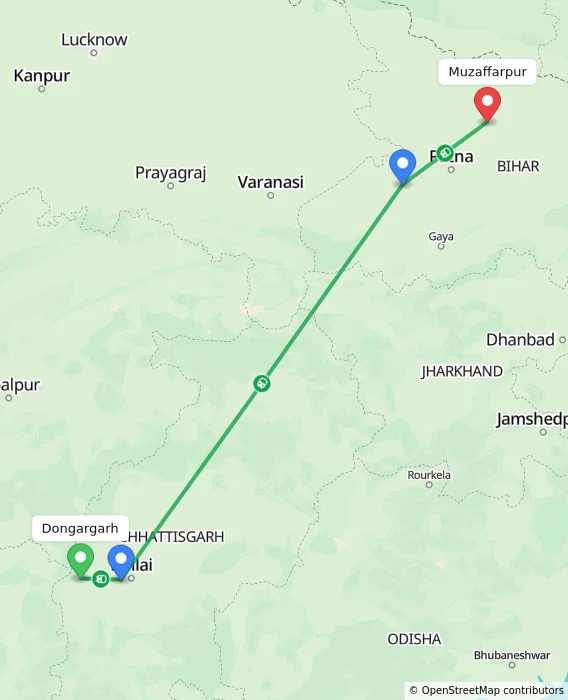 Route map showing distance and travel time from Dongargarh, India to Muzaffarpur, India