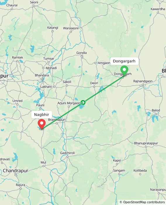 Route map showing distance and travel time from Dongargarh, India to Nagbhir, India