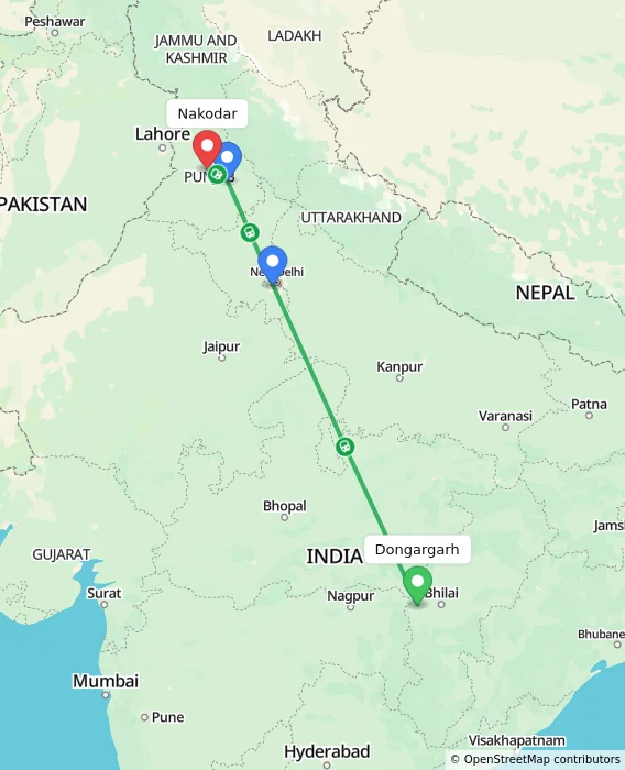 Route map showing distance and travel time from Dongargarh, India to Nakodar, India
