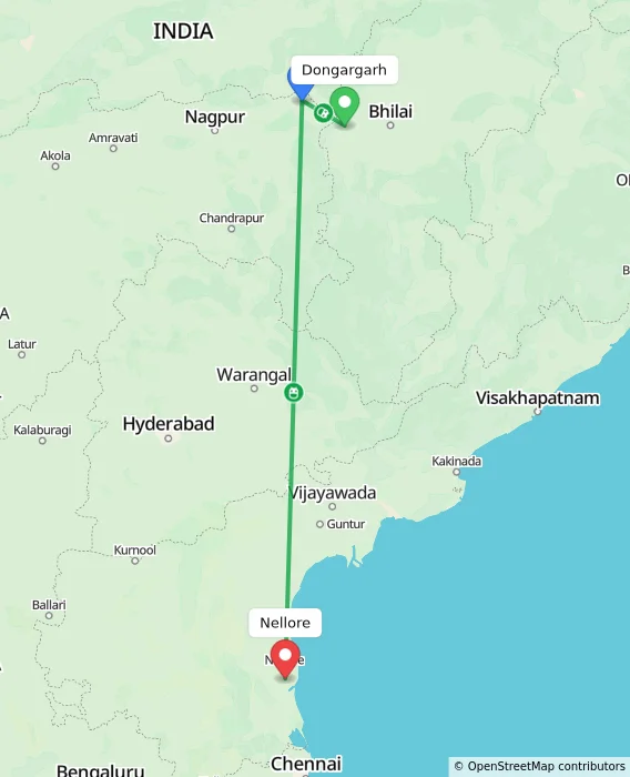Route map showing distance and travel time from Dongargarh, India to Nellore, India