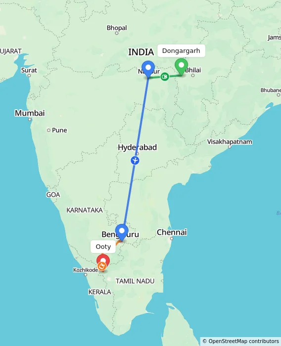 Route map showing distance and travel time from Dongargarh, India to Ooty, India