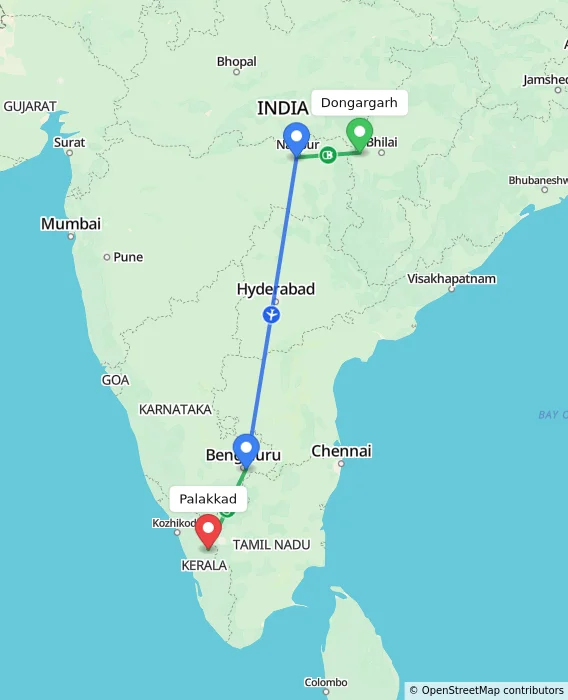 Route map showing distance and travel time from Dongargarh, India to Palakkad, India