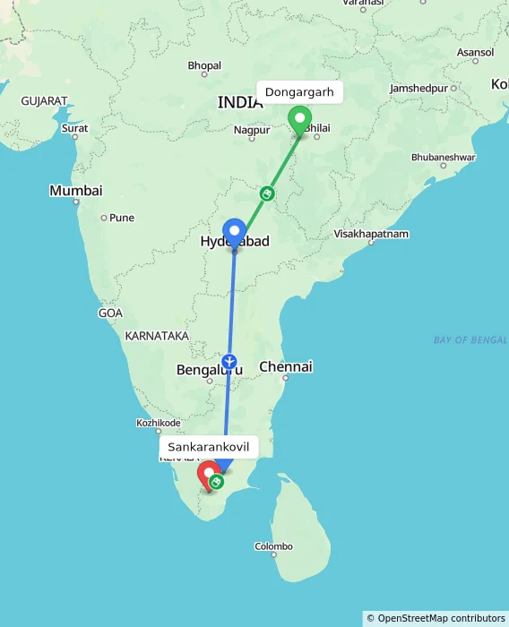 Route map showing distance and travel time from Dongargarh, India to Sankarankovil, India