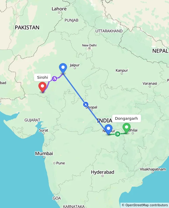 Route map showing distance and travel time from Dongargarh, India to Sirohi, India