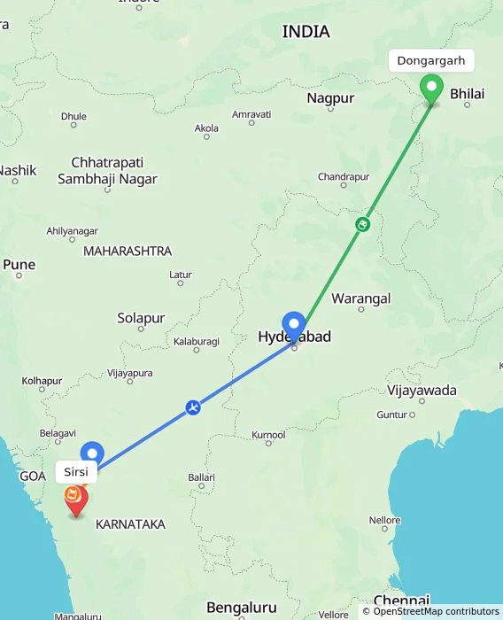 Route map showing distance and travel time from Dongargarh, India to Sirsi, India