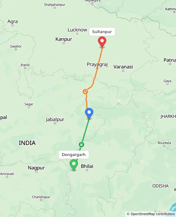 Route map showing distance and travel time from Dongargarh, India to Sultanpur, India