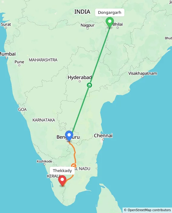 Route map showing distance and travel time from Dongargarh, India to Thekkady, India