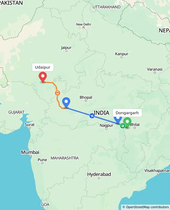 Route map showing distance and travel time from Dongargarh, India to Udaipur, India