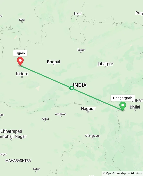Route map showing distance and travel time from Dongargarh, India to Ujjain, India