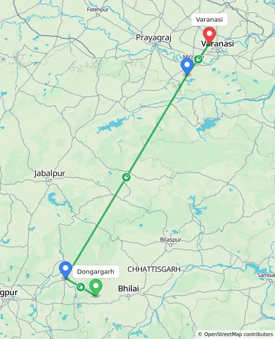 Route map showing distance and travel time from Dongargarh, India to Varanasi, India