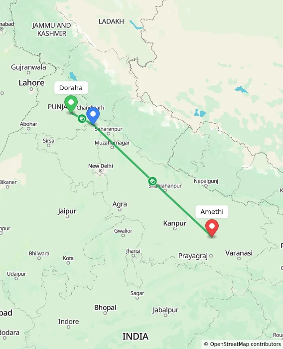 Route map showing distance and travel time from Doraha, India to Amethi, India
