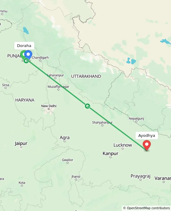 Route map showing distance and travel time from Doraha, India to Ayodhya, India