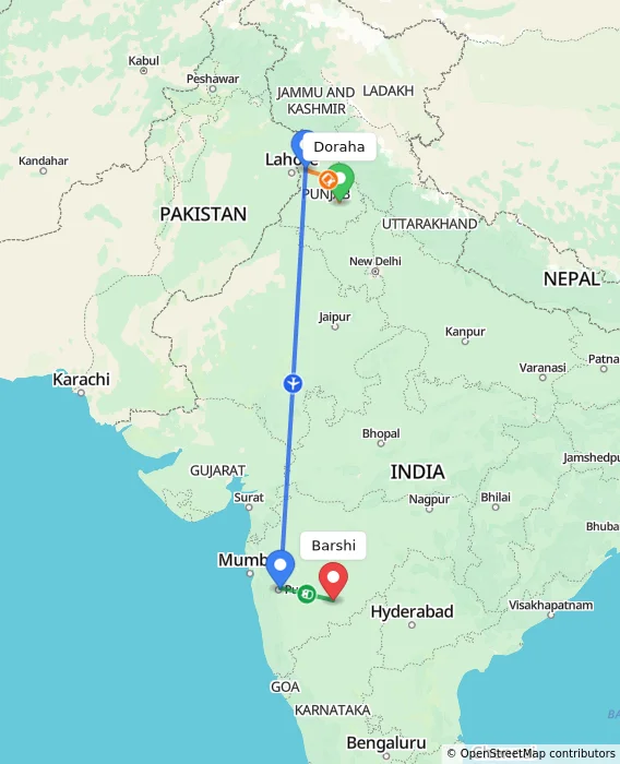 Route map showing distance and travel time from Doraha, India to Barshi, India