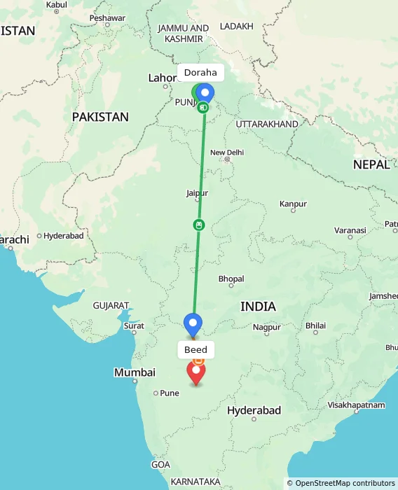 Route map showing distance and travel time from Doraha, India to Beed, India