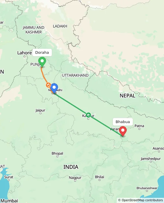 Route map showing distance and travel time from Doraha, India to Bhabua, India