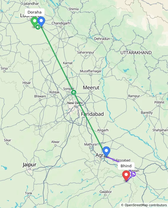 Route map showing distance and travel time from Doraha, India to Bhind, India