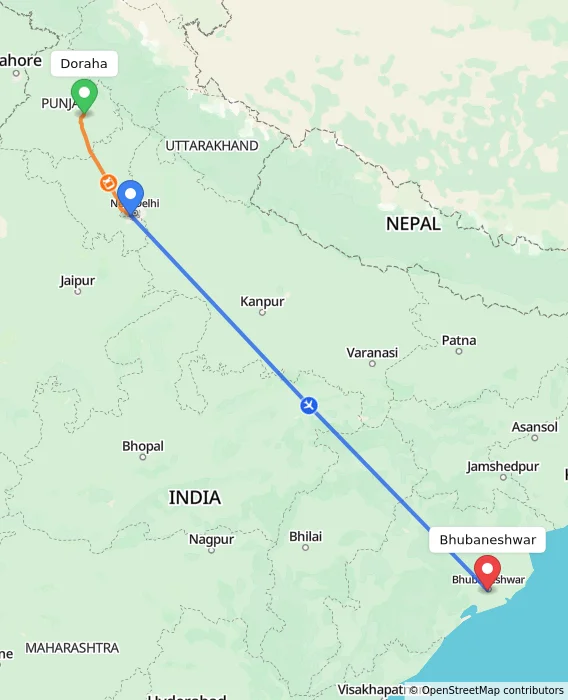 Route map showing distance and travel time from Doraha, India to Bhubaneshwar, India