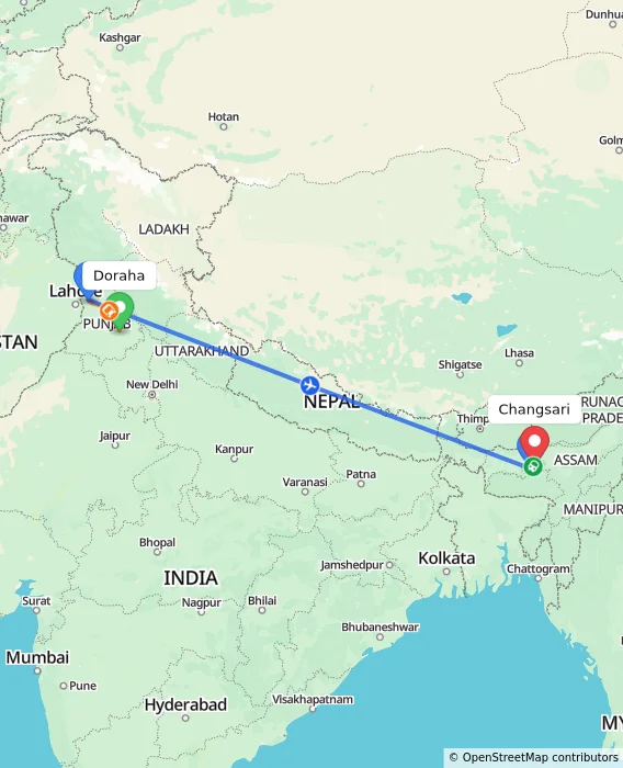 Route map showing distance and travel time from Doraha, India to Changsari, India