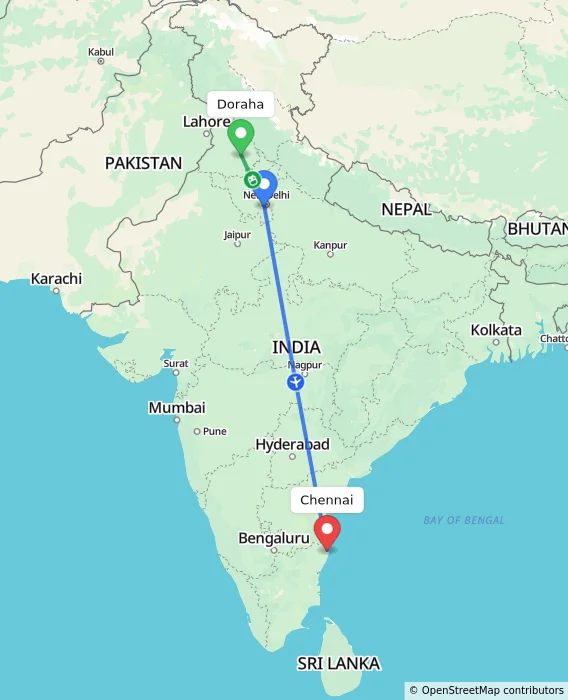 Route map showing distance and travel time from Doraha, India to Chennai, India