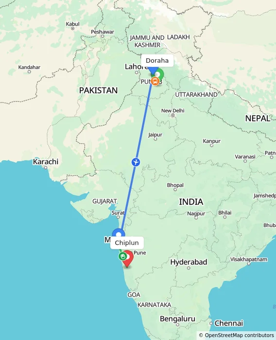Route map showing distance and travel time from Doraha, India to Chiplun, India