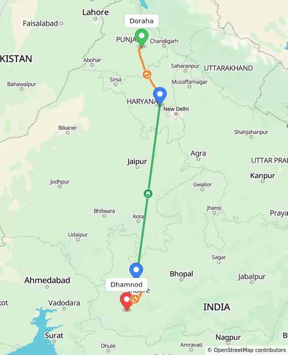 Route map showing distance and travel time from Doraha, India to Dhamnod, India