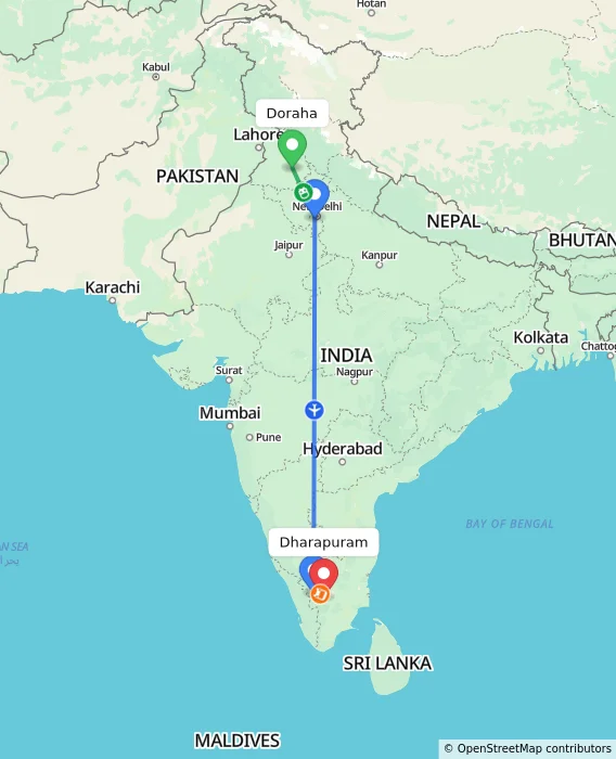 Route map showing distance and travel time from Doraha, India to Dharapuram, India