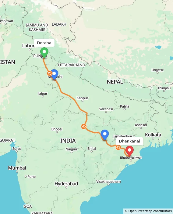 Route map showing distance and travel time from Doraha, India to Dhenkanal, India