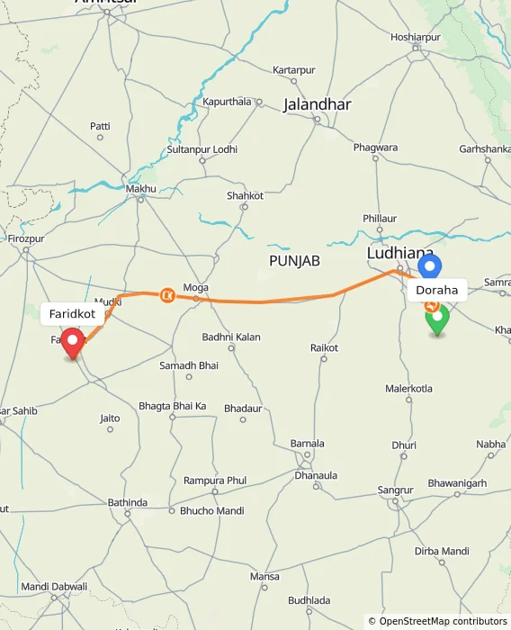 Route map showing distance and travel time from Doraha, India to Faridkot, India