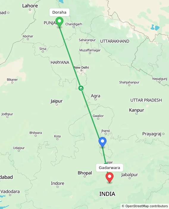 Route map showing distance and travel time from Doraha, India to Gadarwara, India