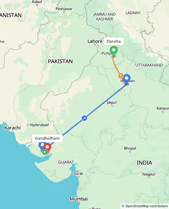 Route map showing distance and travel time from Doraha, India to Gandhidham, India