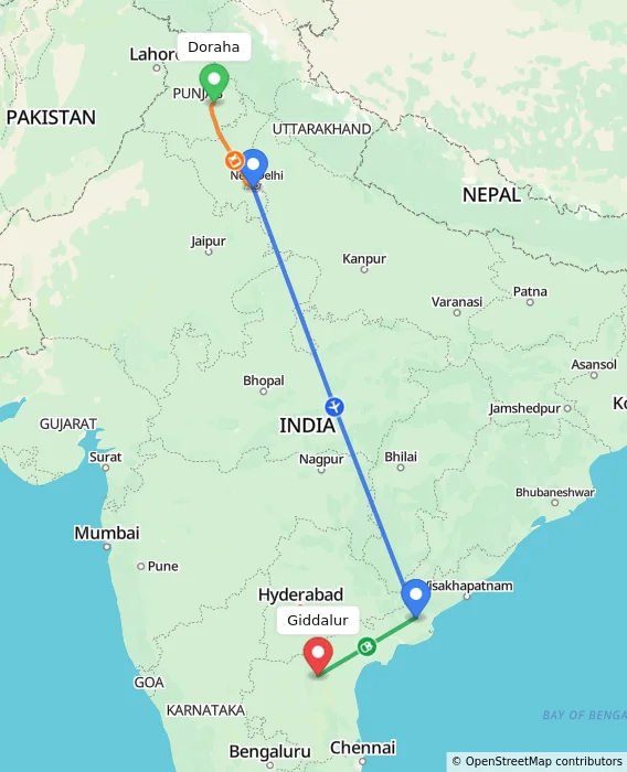 Route map showing distance and travel time from Doraha, India to Giddalur, India
