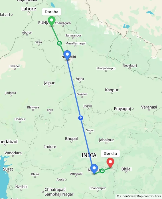 Route map showing distance and travel time from Doraha, India to Gondia, India