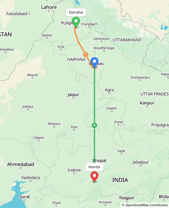 Route map showing distance and travel time from Doraha, India to Harda, India
