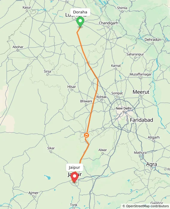 Route map showing distance and travel time from Doraha, India to Jaipur, India