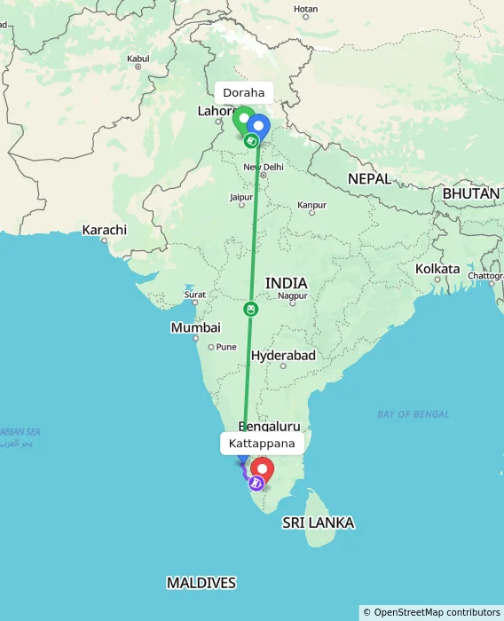 Route map showing distance and travel time from Doraha, India to Kattappana, India