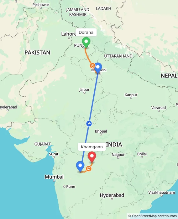 Route map showing distance and travel time from Doraha, India to Khamgaon, India