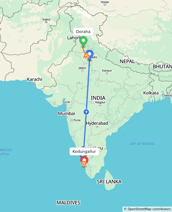 Route map showing distance and travel time from Doraha, India to Kodungallur, India