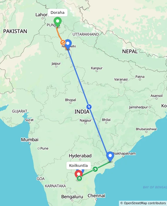 Route map showing distance and travel time from Doraha, India to Koilkuntla, India