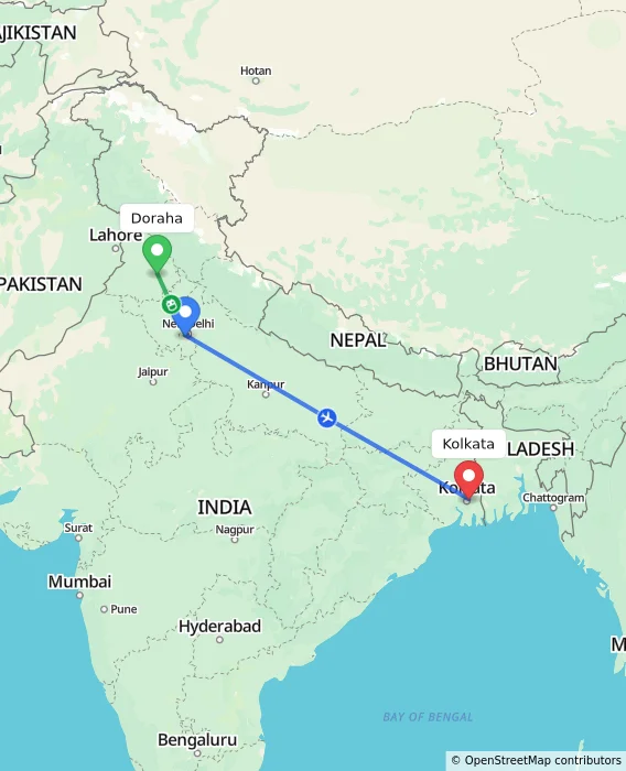 Route map showing distance and travel time from Doraha, India to Kolkata, India