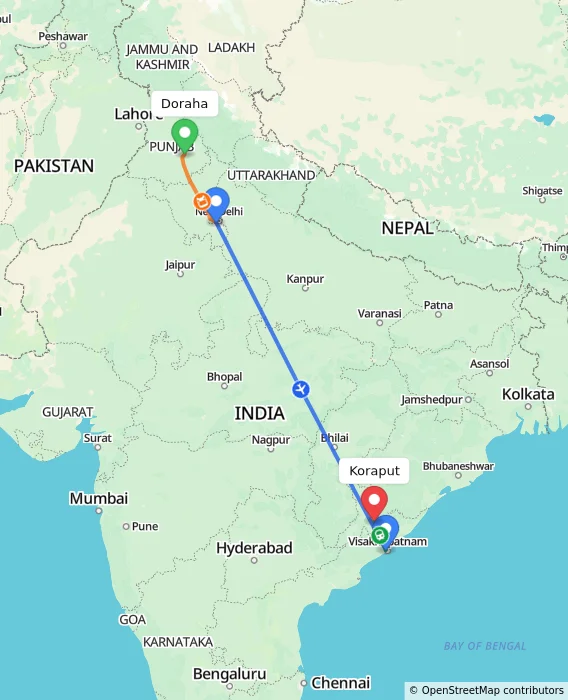 Route map showing distance and travel time from Doraha, India to Koraput, India