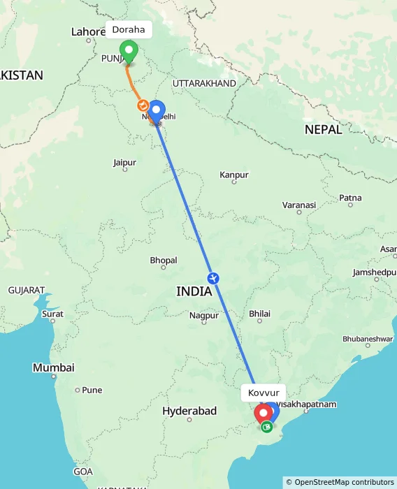 Route map showing distance and travel time from Doraha, India to Kovvur, India