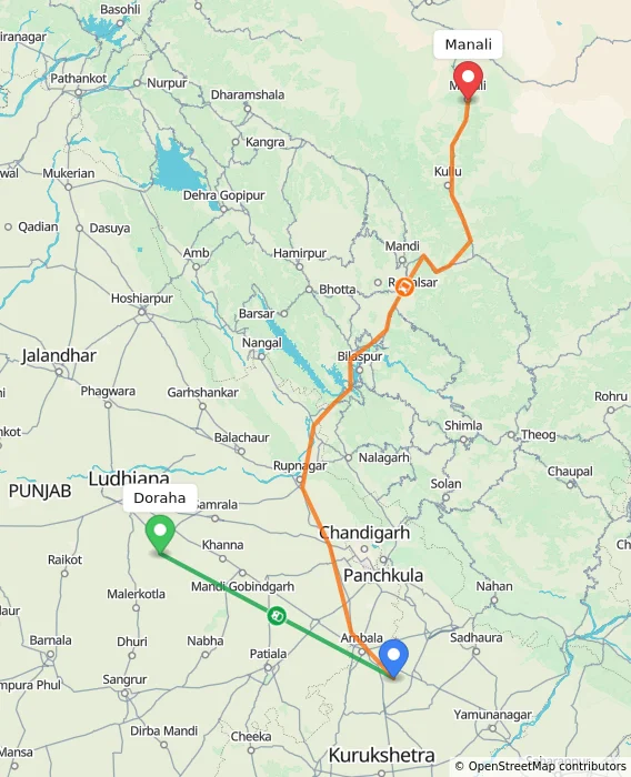 Route map showing distance and travel time from Doraha, India to Manali, India