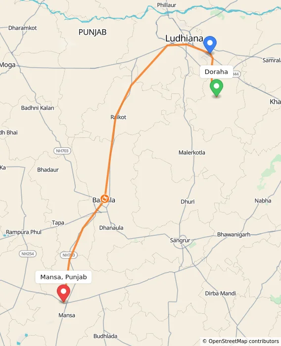 Route map showing distance and travel time from Doraha, India to Mansa, Punjab, India
