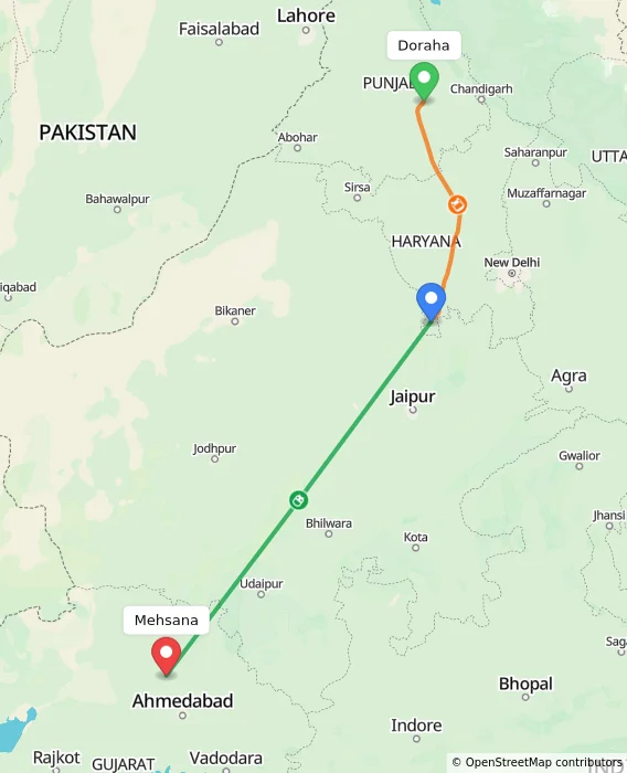 Route map showing distance and travel time from Doraha, India to Mehsana, India