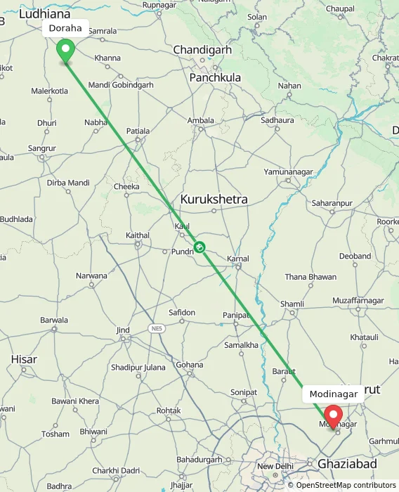 Route map showing distance and travel time from Doraha, India to Modinagar, India