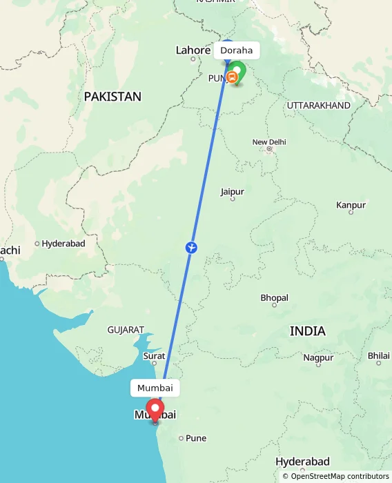Route map showing distance and travel time from Doraha, India to Mumbai, India