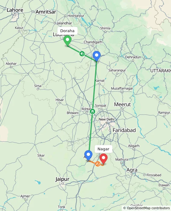 Route map showing distance and travel time from Doraha, India to Nagar, India